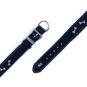 Doggie Konforlu Gerçek Deriden El Yapımı Kemik Süslü Köpek Boyun Tasması 2x35-40cm - Black