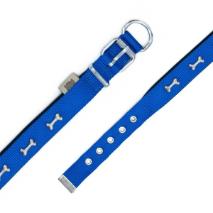 Doggie Konforlu Dokumadan El Yapımı Kemik Süslü Köpek Boyun Tasması 2,5x42-50cm - Royal Blue