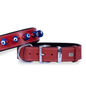 Doggie Konforlu Gerçek Deriden El Yapımı Nazar Boncuklu Köpek Boyun Tasması 4x57-65cm - Red