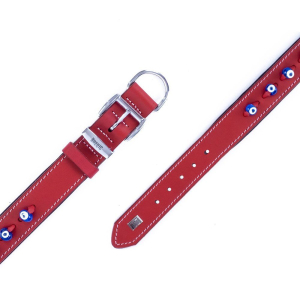 Doggie Konforlu Gerçek Deriden El Yapımı Nazar Boncuklu Köpek Boyun Tasması 4x57-65cm - Red
