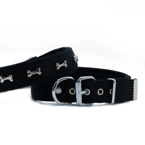Doggie Kemik Süslü Dokuma Köpek Tasması 3x47-55cm Siyah