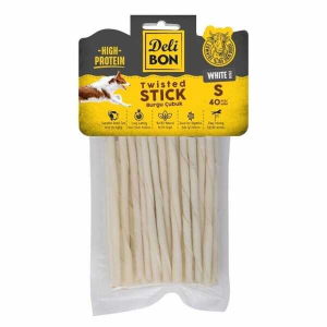 Delibon Beyaz Deri İnce Burgu Çubuk Kemik Köpek Ödülü 40'lı Small